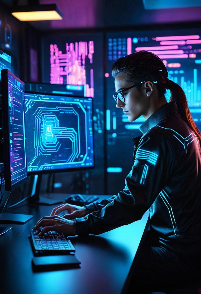 A futuristic web developer at a sleek workstation, coding vibrant, dynamic web designs with holographic screens showcasing custom website interfaces. The background is a high-tech office with glowing widgets and code. cyberpunk aesthetic. vibrant colors. high detail.